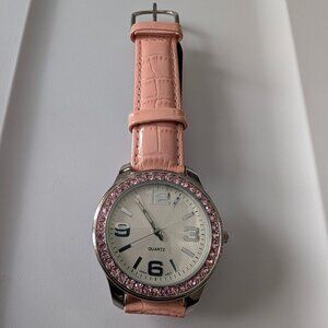 Vintage Glam Pink Rhinestone Watch - Genuine Leather Strap - Y2K Chic